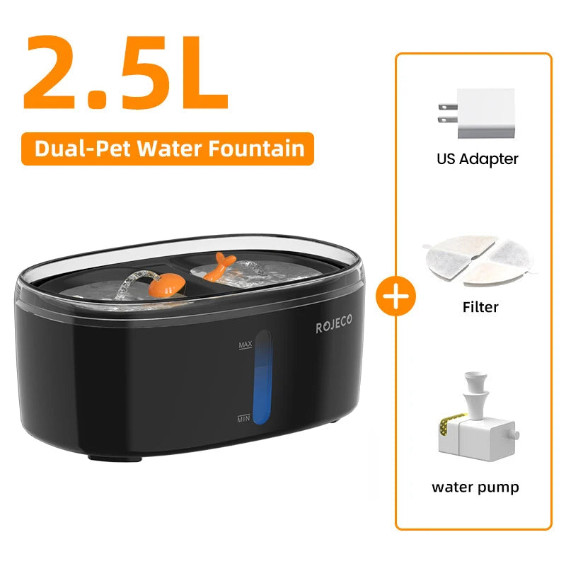 ROJECO Automatic Cat Water Fountain 2.5L Water Dispenser For Multiple Pets Smart Fountain Drinker For Pet Cat Kitten Dual Bowls