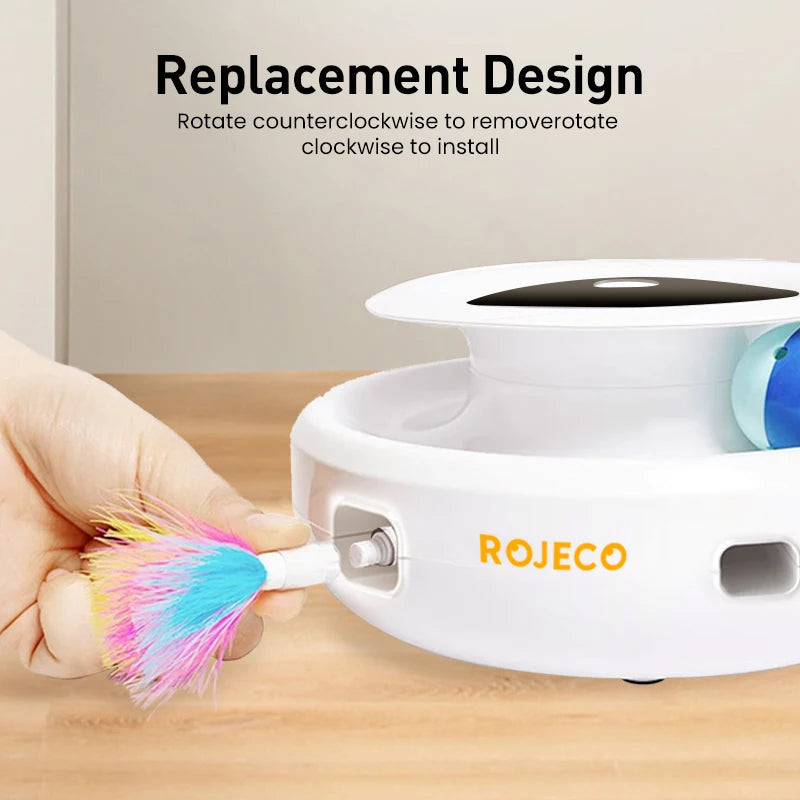 ROJECO 2 In 1 Interactive Electronic Pet Toys Smart Rolling Ball For Cats Rechargeable Feather Duster Cat Toys With Replacement