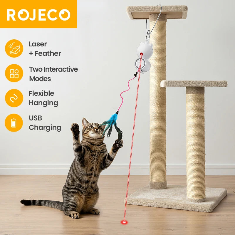 ROJECO Automatic Cat Toys Interactive 2 in 1 Cat Laser Toy With Retractable Hanging Feather Fun Toy For Cats Dogs Pets Kitten