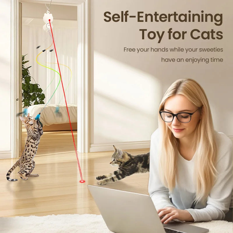 ROJECO Automatic Cat Toys Interactive 2 in 1 Cat Laser Toy With Retractable Hanging Feather Fun Toy For Cats Dogs Pets Kitten
