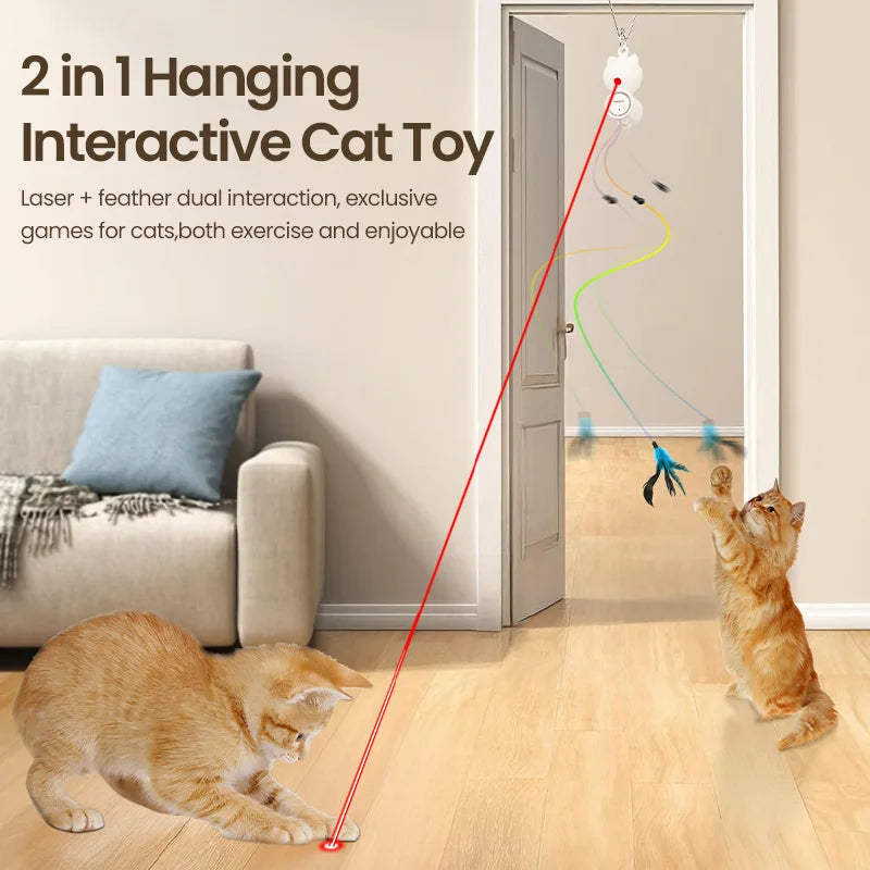 ROJECO Automatic Cat Toys Interactive 2 in 1 Cat Laser Toy With Retractable Hanging Feather Fun Toy For Cats Dogs Pets Kitten