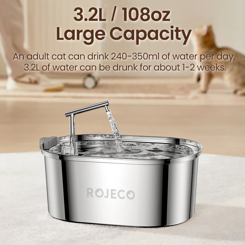 ROJECO Stainless Steel Cat Water Fountain 3.2L Automatic Dog Drinker Drinking Fountain For Cats Pet Water Dispenser Accessories