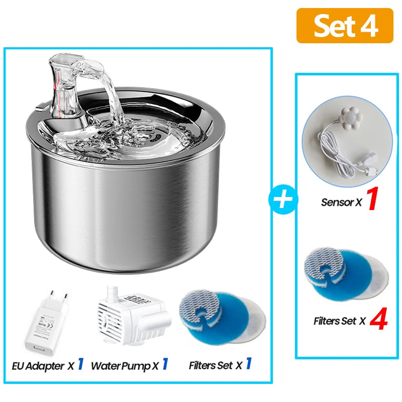 ROJECO Stainless Steel Cat Water Fountain  Automatic Water Dispenser For Cat Dog Pet Smart Motion Sensor Water Purifier Drinker