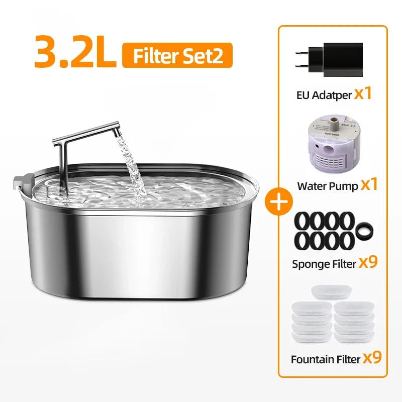 ROJECO Stainless Steel Cat Water Fountain 3.2L Automatic Dog Drinker Drinking Fountain For Cats Pet Water Dispenser Accessories