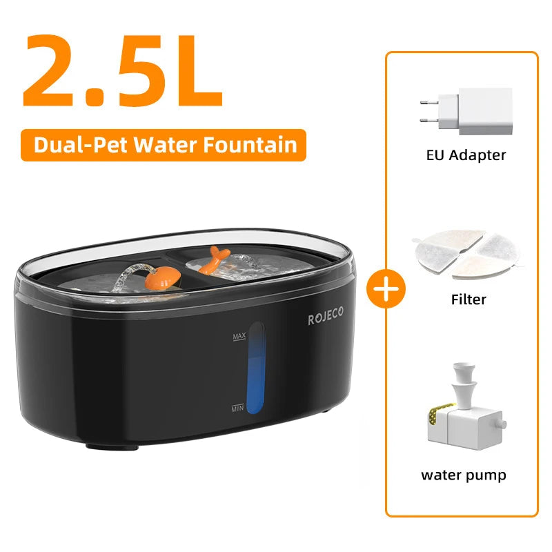 ROJECO Automatic Cat Water Fountain 2.5L Water Dispenser For Multiple Pets Smart Fountain Drinker For Pet Cat Kitten Dual Bowls