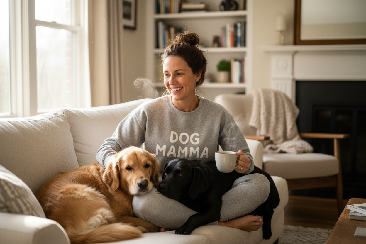woman wearing a sweatshirt written on it Dog Mamma